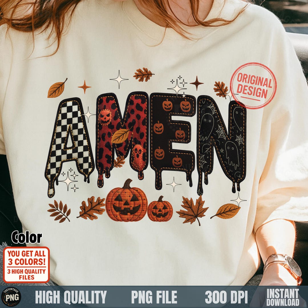 Amen PNG, Patchwork Embroidery Halloween Lettering, Fall Vintage ...