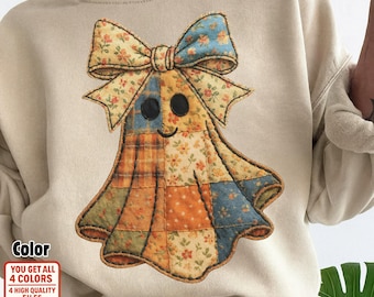 Patchwork Ghost PNG Clipart: Vintage Halloween-skjortdesign (digital nedladdning)