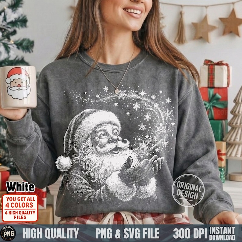 May include: A gray sweatshirt with a white Santa Claus graphic blowing snowflakes. The image includes a white mug with a Santa Claus design. Text on the image includes "White", "Original Design", and "PNG & SVG File".