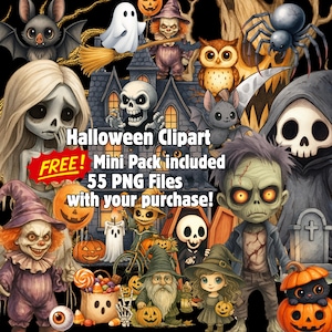 Cartoon Halloween bundle clipart preview with witch, ghost, zombie, pumpkin characters