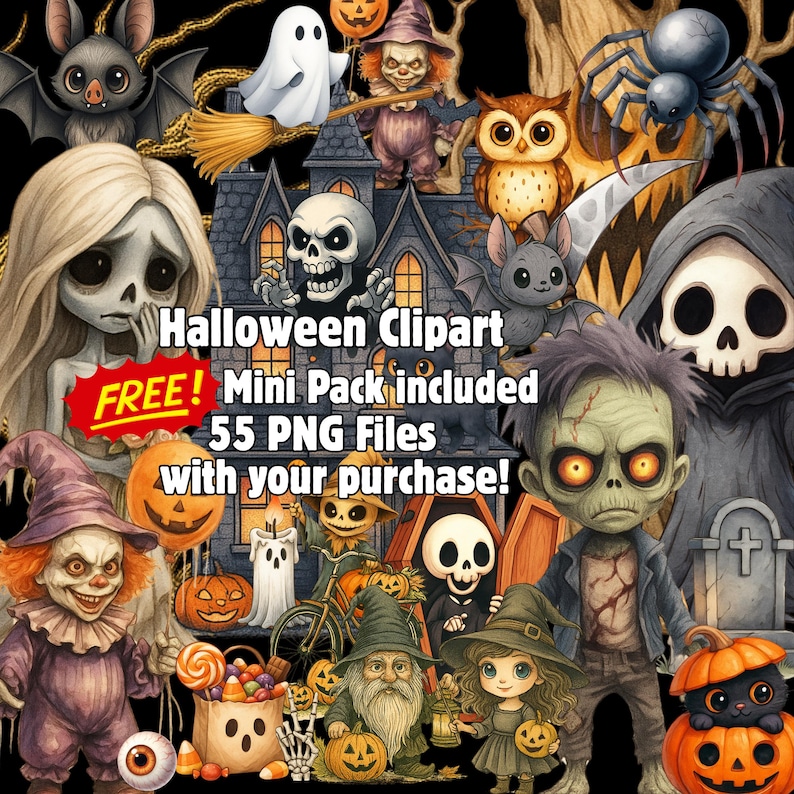 Cartoon Halloween bundle clipart preview with witch, ghost, zombie, pumpkin characters