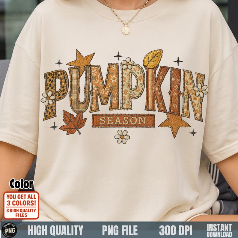 Beige shirt with autumn “Pumpkin Season” embroidery look PNG