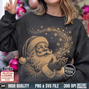 Model making a peace sign wearing a charcoal sweatshirt with the beige "Santa Snow Magic" design.
