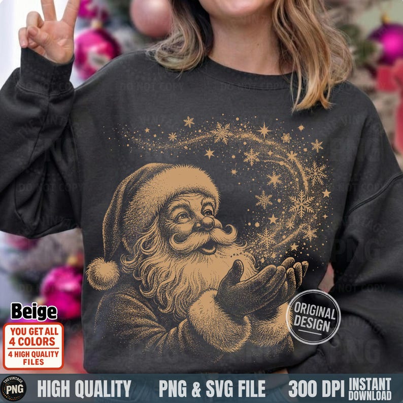 Model making a peace sign wearing a charcoal sweatshirt with the beige "Santa Snow Magic" design.