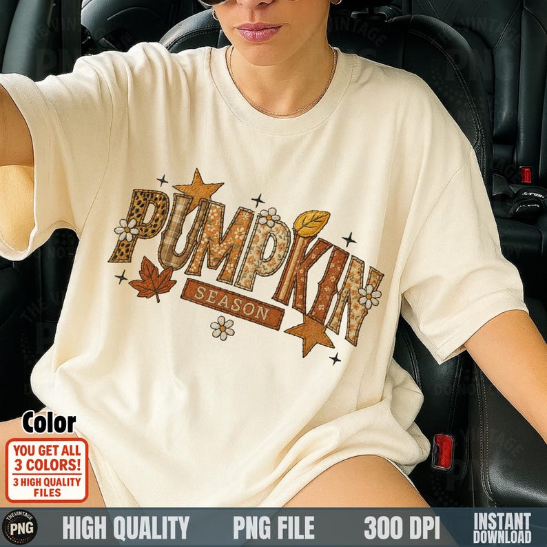 Woman wearing cream oversized shirt with pumpkin embroidery PNG design