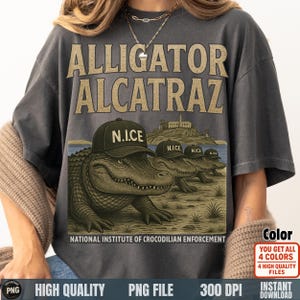 Grappige alligator, png, Alcatraz Island Gator, png, N.I.C.E. Clipart Prison Squad, retro krokodil, vintage shirt met humor, png