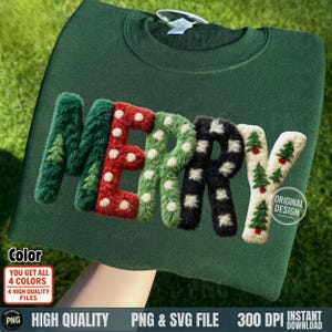 May include: A dark green sweatshirt with the word "MERRY" in a textured, colorful design. The letters are green, red with white dots, green with white dots, black with white dots, and white with Christmas tree designs. The sweatshirt has the text "ORIGINAL DESIGN".
