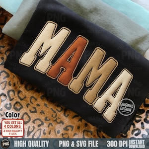 May include: Black sweatshirt with the word "MAMA" in a collegiate style, featuring brown, tan, and cream-colored letters with a stitched outline. The image includes text that says "Color, You get all 4 colors, 4 high quality files".