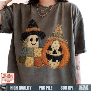 May include: Dark gray t-shirt featuring a patchwork ghost and pumpkin design. The ghost wears a witch hat, and the pumpkin has a carved face. The shirt includes the text "YOU GET ALL 4 COLORS 4 HIGH QUALITY FILES HIGH QUALITY PNG FILE 300 DPI INSTANT DOWNLOAD".
