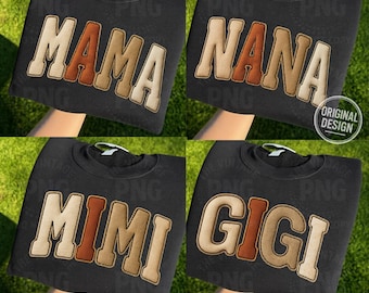 Vintage opgestikte patchworkletters PNG-bundel: Mama, Nana, Mimi, Gigi (digitale download)