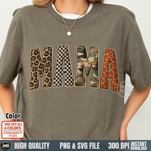 以下が含まれることがあります： オリーブグリーンのTシャツ。パッチワークデザインで「MAMA」の文字がプリントされています。文字はヒョウ柄、チェック柄、迷彩柄、ヒョウ柄のパターンです。シャツには「Color」、「YOU GET ALL 4 COLORS」、「4 HIGH QUALITY FILES」、「PNG HIGH QUALITY PNG & SVG FILE 300 DPI INSTANT DOWNLOAD」の文字も表示されています。