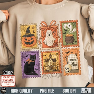 May include: Beige sweatshirt featuring a collage of Halloween-themed postage stamp designs. The stamps depict a jack-o'-lantern, ghost, cauldron, black cat, haunted house, and a tombstone with a skull. The text "TRICK OH TREAT" is visible. The image also includes the text "Color" and "HIGH QUALITY PNG FILE".