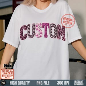 Custom patchwork pink leopard pumpkin checker font PNG on white t-shirt mockup