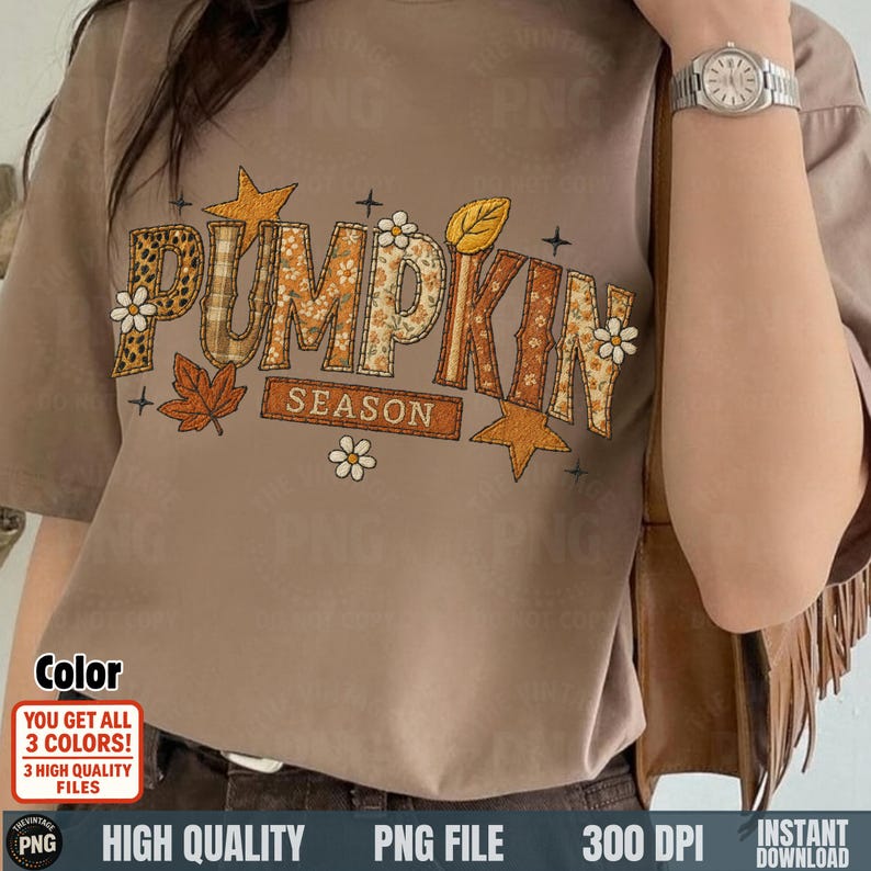 Woman in taupe shirt with “Pumpkin Season” fall cozy patch design