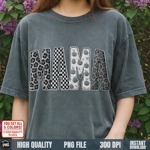 Grayscale patch MAMA fall Halloween design with stitched effect on gray shirt