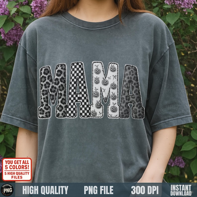 Grayscale patch MAMA fall Halloween design with stitched effect on gray shirt