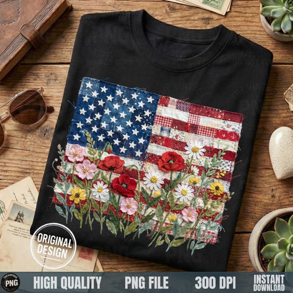 Haftowana flaga amerykańska w formie patchworku PNG, kwiatowy kolaż USA (pobranie cyfrowe)