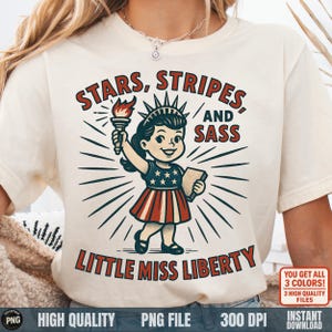 4 de julho PNG, Pequena Miss Liberdade PNG, Estrelas, Listras e Citação Audaciosa, Clipart de Garota Patriótica Retro, Camisa Vintage dos EUA, design de sublimação