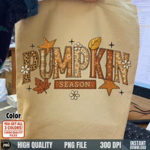 Tote bag with fall-themed “Pumpkin Season” patchwork lettering design