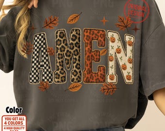 Fall Amen PNG: Christian Patchwork Design, Leopard Pumpkin (Digital Download 5000x5000 px)