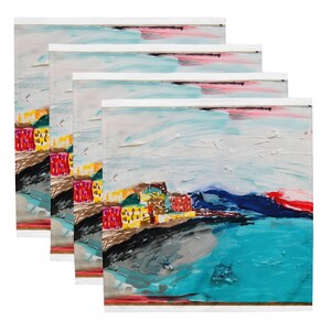 Italian Coastal Village Art Cloth Napkin Set – Nautical Sea Home Decor – Set of 4 Dinner Napkins