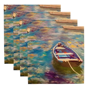 Italian Coastal Boat Scene Cloth Napkin Set – Nautical Sea Home Decor – Set of 4 Dinner Napkins