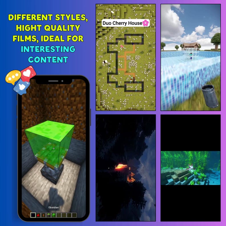 May include: A smartphone displaying a Minecraft gameplay scene with a green block on a pedestal, alongside four other Minecraft-themed images. Text on the left reads: DIFFERENT STYLES, HIGHT QUALITY FILMS, IDEAL FOR INTERESTING CONTENT. Icons include a speech bubble and hearts.