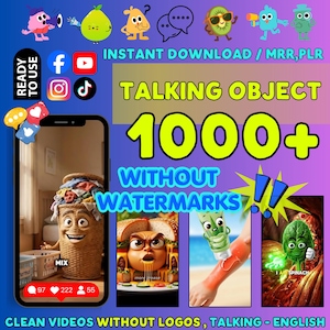 May include: A digital graphic featuring the text TALKING OBJECT 1000+ WITHOUT WATERMARKS. It displays a smartphone screen showing a talking laundry basket, a burger, a tube of gel, and a spinach leaf. Includes social media icons and cartoon characters.