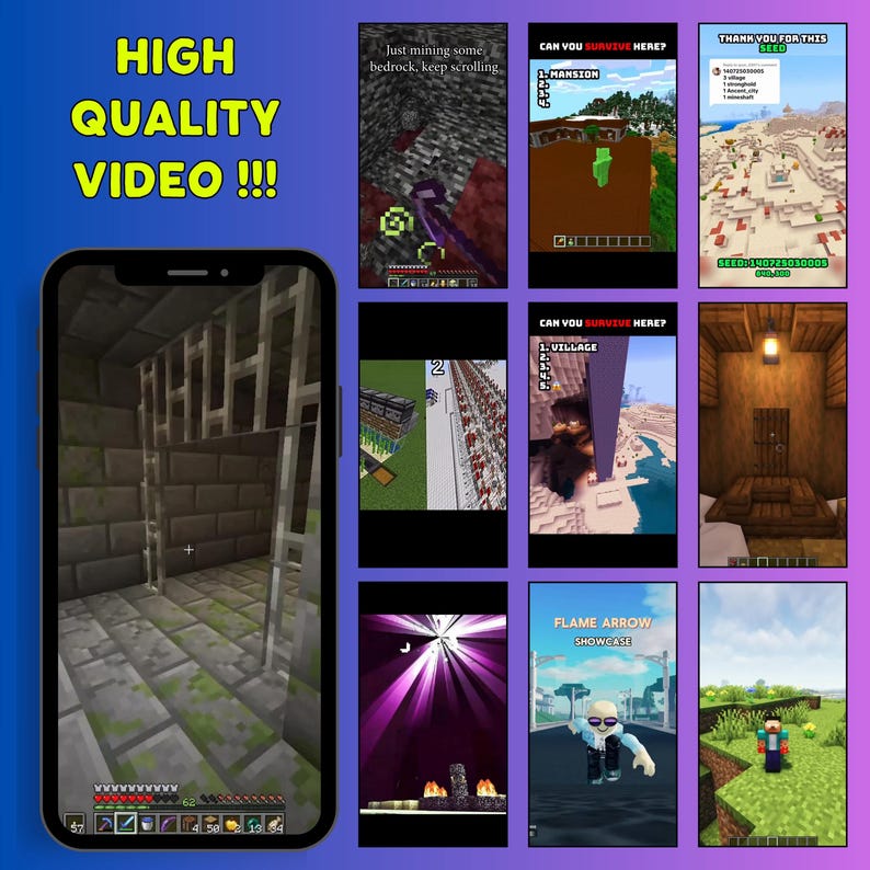May include: A smartphone displaying a Minecraft gameplay interface with a stone dungeon interior, surrounded by a collage of various Minecraft video clips featuring game seeds, survival challenges, and character showcases against a blue and purple gradient background.