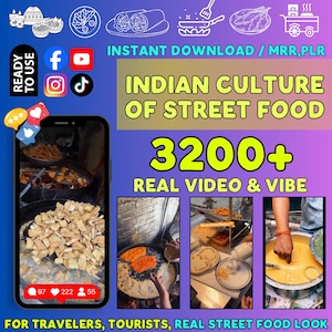 Pode incluir: Um gráfico digital que promove uma coleção de mais de 3200 vídeos de comida de rua indiana. O design apresenta um fundo com gradiente azul e roxo, ícones de redes sociais e o texto INDIAN CULTURE OF STREET FOOD. Inclui um mockup de smartphone exibindo cenas de preparação de alimentos e três fotos inseridas adicionais que mostram processos de cozimento.