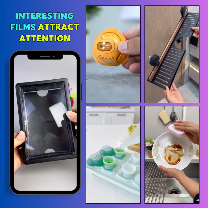 Pode incluir: Uma colagem de artigos dom&eacute;sticos, incluindo uma moldura retangular preta, um temporizador circular amarelo, uma prateleira de parede preta, uma forma de gelo verde-clara e uma tigela branca a ser limpa. O texto "INTERESTING FILMS ATTRACT ATTENTION" &eacute; vis&iacute;vel.