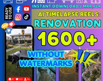 Pode incluir: Um gráfico digital com o texto AI TIMELAPSE REELS: RENOVATION 1600+ WITHOUT WATERMARKS. A imagem exibe várias cenas de construção e renovação dentro de uma moldura de smartphone, ao lado de ícones de redes sociais e ícones lineares de construção.