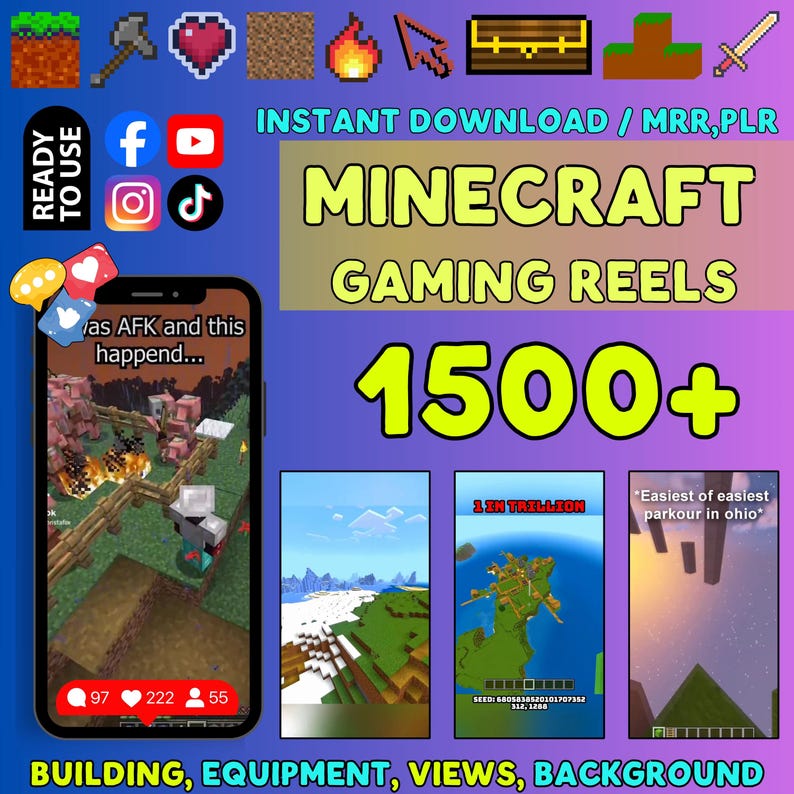 May include: A digital collection of 1500+ Minecraft gaming reels featuring pixelated icons, social media logos, and smartphone mockups displaying gameplay footage with text overlays like '1 IN TRILLION' and 'Easiest of easiest parkour in ohio'.