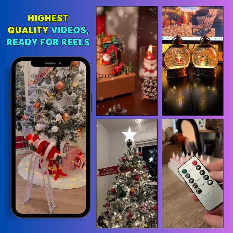 Pode incluir: Uma colagem de produtos com tema natalino, incluindo uma figura de Papai Noel em uma escada, um trem musical, dois globos de neve, uma &aacute;rvore decorada com uma estrela e um controle remoto. O texto na imagem diz HIGHEST QUALITY VIDEOS, READY FOR REELS.