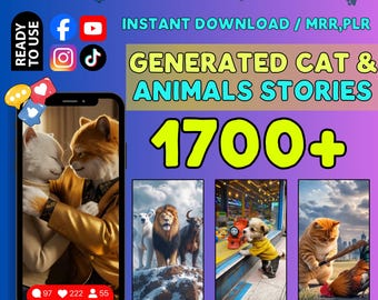 AI Cat Stories Reels Bundle | 1700+ Viral Animal Videos TikTok Shorts | Cute Dog Cat Clips Pack | PLR MRR Ready to Post No Voiceover Stock