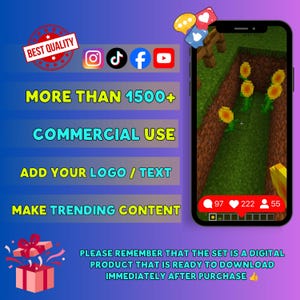 May include: A digital product advertisement featuring a smartphone displaying a Minecraft game scene with sunflowers. Text includes BEST QUALITY, MORE THAN 1500+, COMMERCIAL USE, ADD YOUR LOGO / TEXT, MAKE TRENDING CONTENT, and download information.