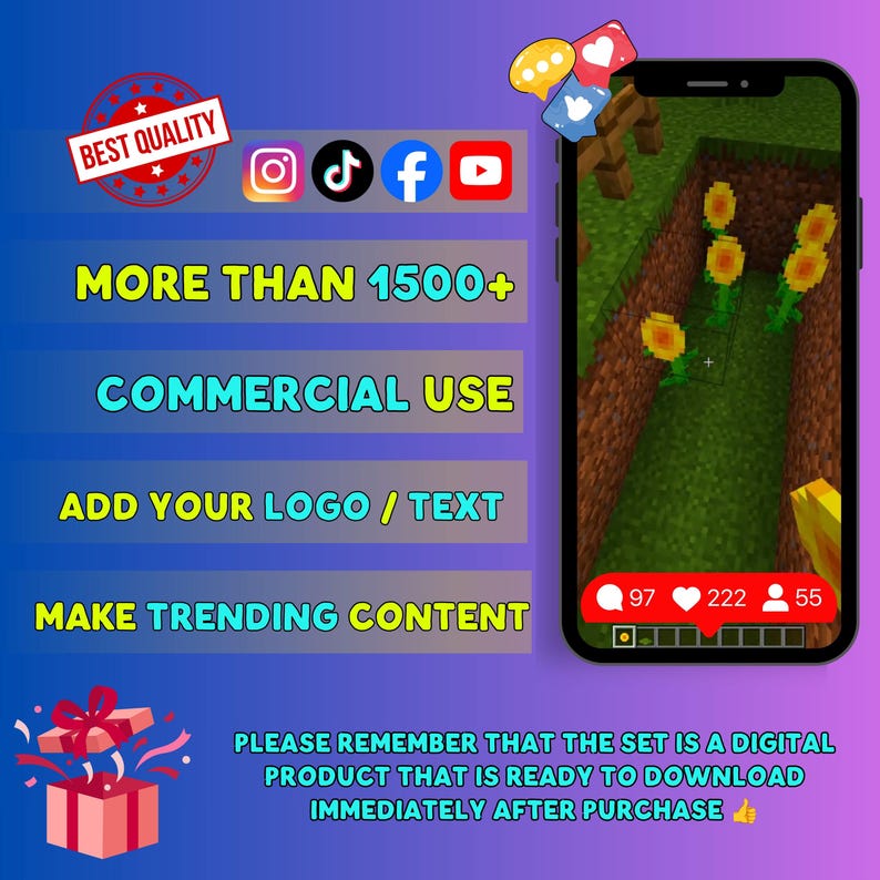 May include: A digital product advertisement featuring a smartphone displaying a Minecraft game scene with sunflowers. Text includes BEST QUALITY, MORE THAN 1500+, COMMERCIAL USE, ADD YOUR LOGO / TEXT, MAKE TRENDING CONTENT, and download information.