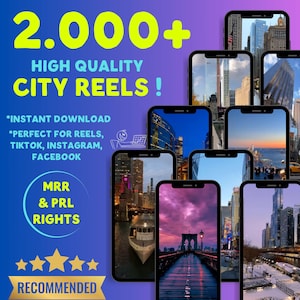 May include: An advertisement showcasing several smartphones with city scenes. The text highlights "2,000+ HIGH QUALITY CITY REELS!" and promotes instant downloads for reels on TikTok, Instagram, and Facebook. The image also includes "MRR & PRL RIGHTS" and a "RECOMMENDED" banner.