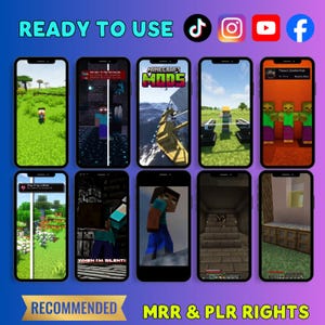 May include: A digital collection of ten smartphone screens displaying various Minecraft gameplay scenes, including characters, landscapes, and mod interfaces. The top banner reads READY TO USE with social media icons, and the bottom reads RECOMMENDED MRR & PLR RIGHTS.