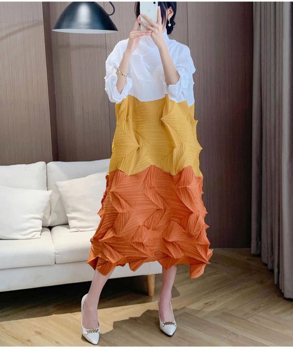 Color Block Pliss Pleated Midi Dress: Sculptural Statement Artwear - Etsy