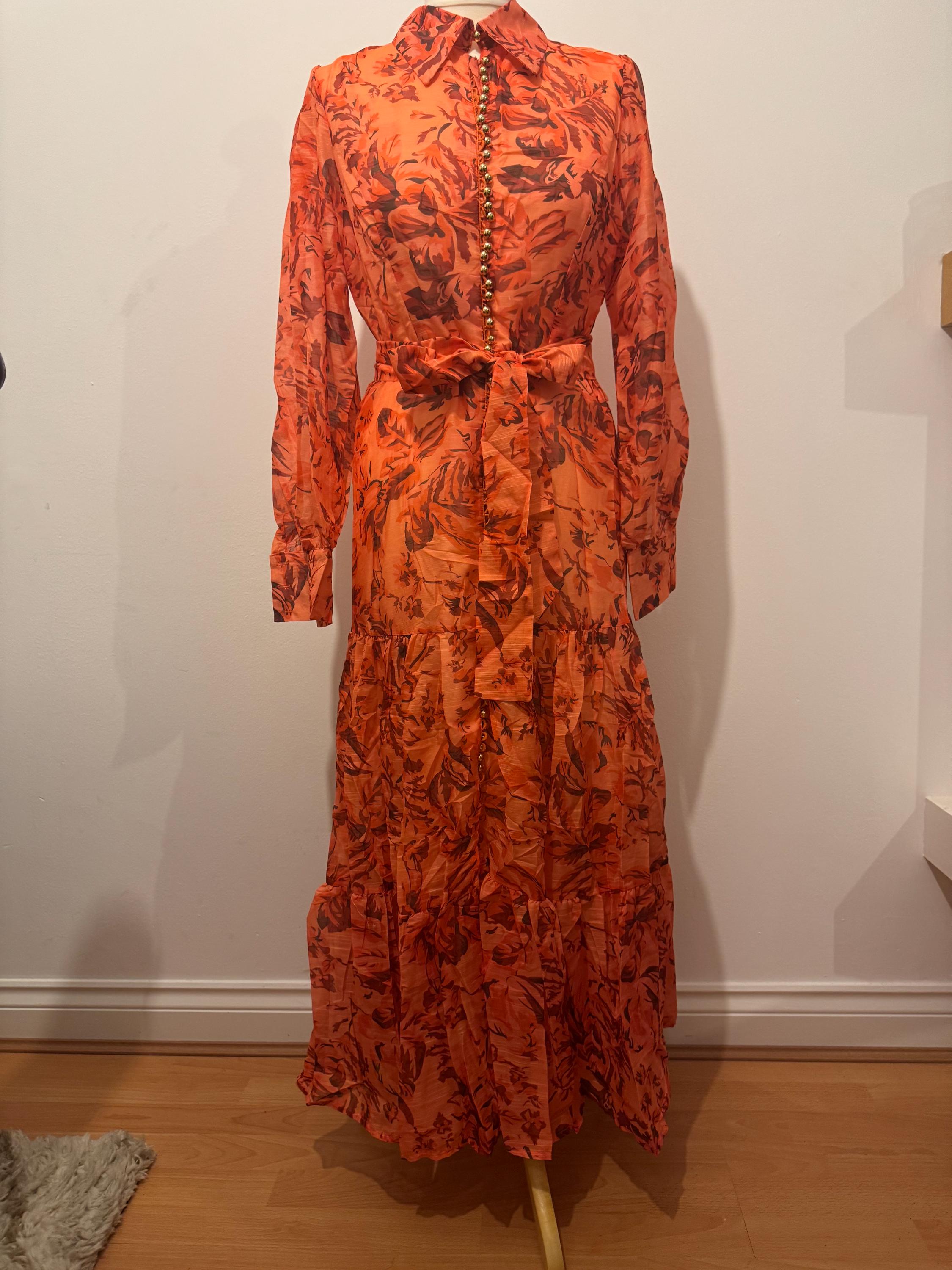 Handmade Coral Floral Maxi Dress: Gold Bead Detail, Waist Tie - Etsy Handmade Coral Floral Maxi Dress: Gold Bead Detail, Waist Tie - Etsy