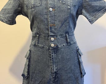 Denim Cargo Jumpsuit: Short Sleeve Button-Up Boiler Suit
