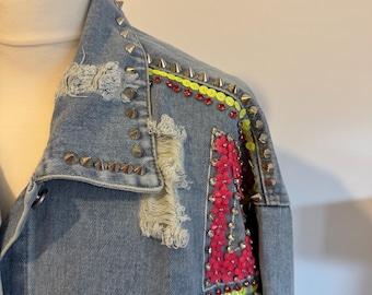 Handmade Studded Distressed Denim Jacket: Sequins, Rhinestones & Spikes