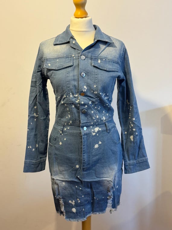 Distressed Denim Mini Dress: Long Sleeve Bleached Jean Dress Distressed Denim Mini Dress: Long Sleeve Bleached Jean Dress