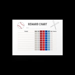 May include: A white baseball-themed reward chart with a baseball and crossed bats graphic. The chart includes spaces for tasks and a color-coded section for each day of the week, with red and blue squares for tracking progress.