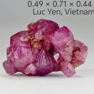 Puede incluir: Un grupo de vibrantes cristales de rubí rosa de Luc Yen, Vietnam. Los cristales miden 1,24 x 1,80 x 1,12 cm. La formación natural de la gema muestra una estructura compleja y multifacética.