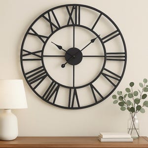 Rustic Farmhouse 60cm Wall Clock - Industrial Silent Metal Art - Roman Numerals - Housewarming Gift - Skeleton Clock