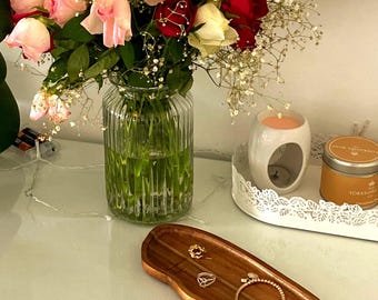 Large Natural Wood Tray: Modern Bathroom & Jewelry Organizer + Floral Soap