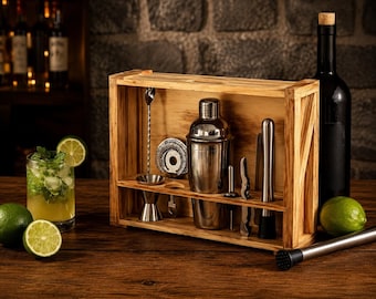 Cocktail Shaker Set with Wooden Stand, Bartender Kit