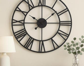 Rustic Farmhouse Wall Clock - 60cm Silent Metal Roman Numeral Clock